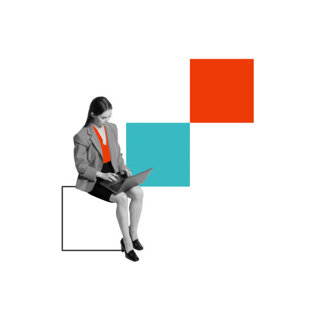 istock Woman working on laptop, surrounded by geometric blocks. Building careers through learning and digital tools. Contemporary art collage. 2174929355