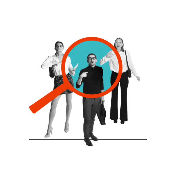Magnifying glass over people symbolizing efficient employment, search for perfect candidates. Recruitment, and selecting the best fit. Conceptual design. Concept of business, onboarding