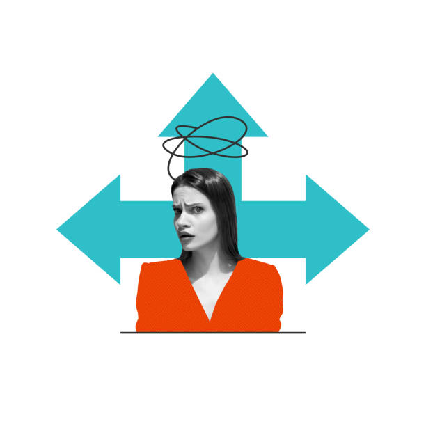 istock Behavior patterns. Confused woman with arrows. Decisive moments, multiple directions and choices. Conceptual design. 2174929368