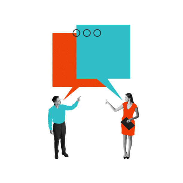 istock Two business people pointing at large overlapping speech bubbles. Effective communication and exchanging ideas. Conceptual design. 2174929370