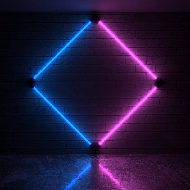 istock Purple and Blue Neon Lights on Dark Brick Wall 2174939464