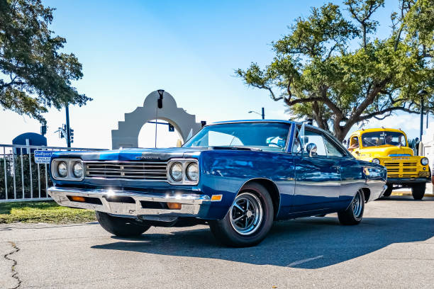 Gulfport, MS - October 02, 2023: Low perspective front corner view of a 1969 Plymouth Road Runner 2 Door Hardtop at a local car show.