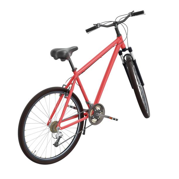 Red bicycle standing while leaning on kickstand, side back view. Bike resting on kick stand isolated on white background, 3D illustration