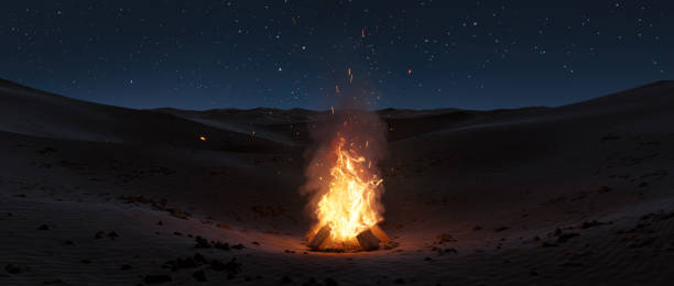 large bonfire with sparks and particles at sand dunes at night. 3D Rendering