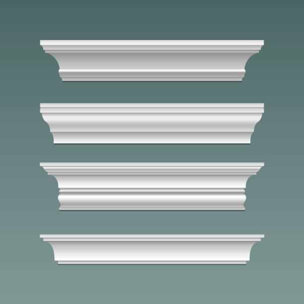 Crown cornice trim for ceiling. Wall moulding Crown cornice trim for ceiling. Wall moulding isolated frame. Decorative plaster stucco strip vector. 3d plinth pattern with bevel ornament render set. Decor relief ledge border object illustration crown moulding stock illustrations