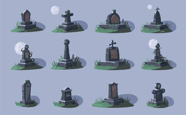 istock Empty tombstones. Cartoon grave stone with cross RIP inscription, cemetery headstone with empty space for text. Vector funeral memorial isolated set 2174946760