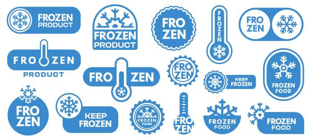 Frozen product label. Keep frozen icons with snowflake, ice cream and meat package, frozen food refrigerated temperature indicator. Vector set Frozen product label. Keep frozen icons with snowflake, ice cream and meat package, frozen food refrigerated temperature indicator. Vector set. keeping cool stock illustrations