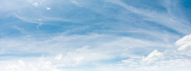 istock Panoramic Bright Blue Sky with White Cloud background: A Clear Summer Day with Light Gradients winter cloudy and Nature Beauty texture, Horizon air in summer day. abstract Landscape spring View wide 2174946924