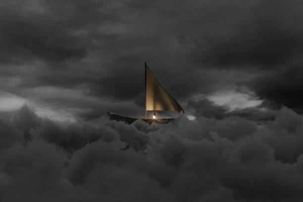 abandoned wooden boat with waving canvas flying over fluffy grey clouds. 3D Rendering