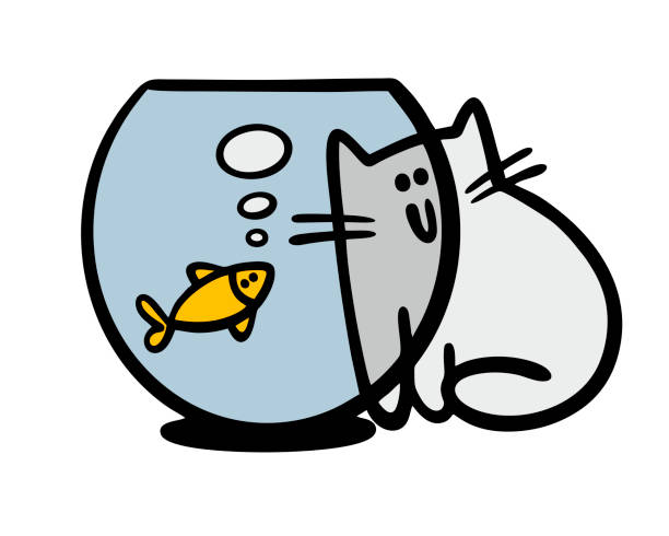 istock Gray kitten hides behind a large aquarium with water. A vector fish swims and looks at the cat. Funny animals are friends and smile to each other. 2174957224