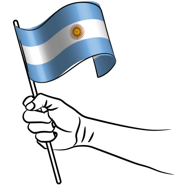 istock Scalable and editable eps vector Outline line stroke contour art of hand holding national waving flag of Argentina 2174993305
