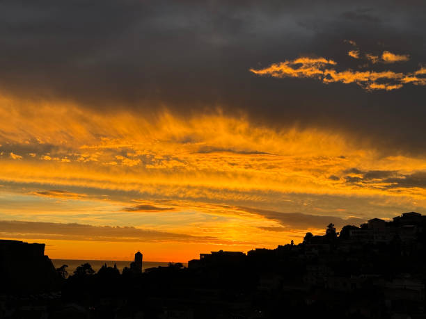 Sunset dramatic sky over old town Ulcinj Montenegro.