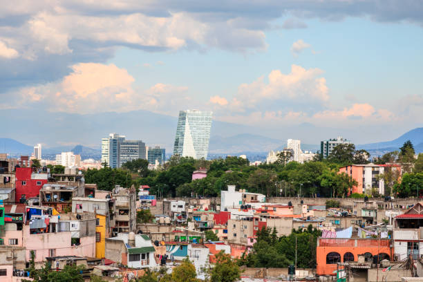 Cityscape in the south of Mexico City, view towards east, with office and apartment buildings in the background and residential neighborhood in the foreground