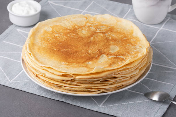 istock Pancakes with sour cream on a grey table 2175027425