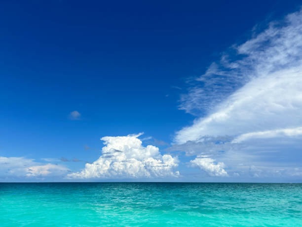 Caribbean Sea with dramatic blue summer sky clouds in Mexico Mayan Riviera
