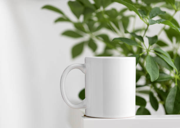 istock Mockup of a white tea cup or coffee mug on a white table background with a Schefflera plant 2175032158