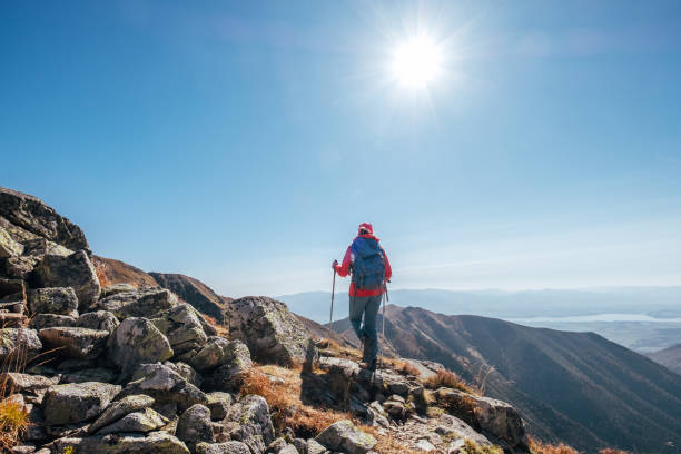 Backpacker woman in bright red jacket walking by mountain range using trekking poles with Liptov valley background, Western Tatras, Slovakia. Active people and European hiking tourism concept image.