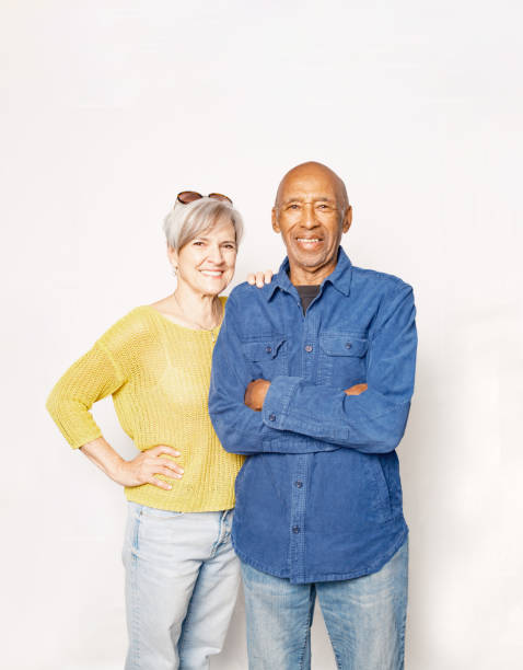istock Senior Mixed race couple against white background 2175037282