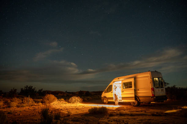 istock A Long Exposure Shot of a White Sprinter Conversion Van with Interior Lights On in Monument Valley Utah 2175041262