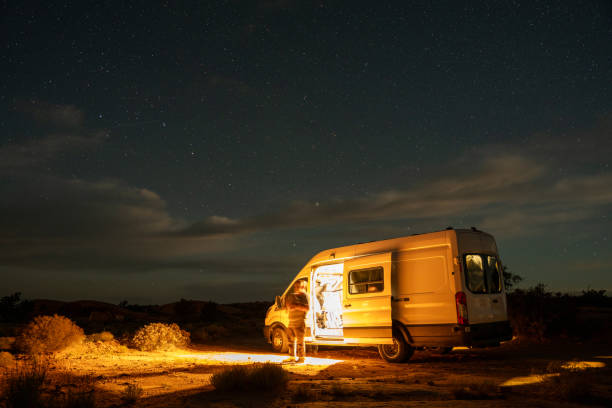 istock A Long Exposure Shot of a White Sprinter Conversion Van with Interior Lights On in Monument Valley Utah 2175041375