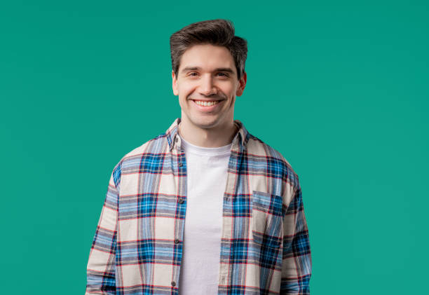 istock Headshot friendly man smiling,confident happy stylish guy portrait,blue studio 2175042941