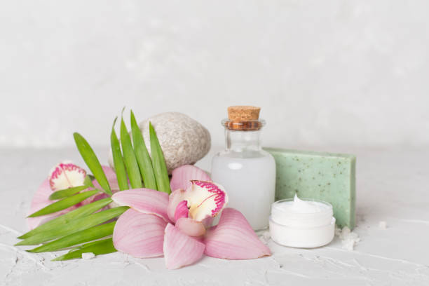 istock Composition with orchids, spa products on concrete background 2175044057