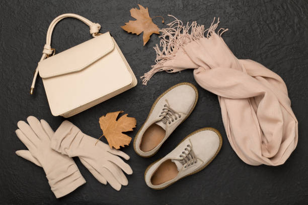 istock Stylish autumn accessories on cocrete background, top view 2175044096