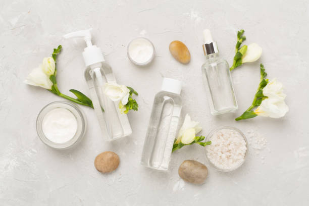 istock Flat lay with spa products and flowers on concrete background 2175044184