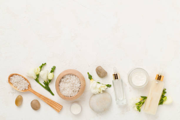 istock Flat lay with spa products and flowers on concrete background 2175044191