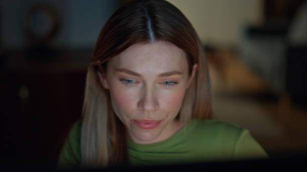 istock Night worker looking computer having overtime work in apartment close up. 2175044648