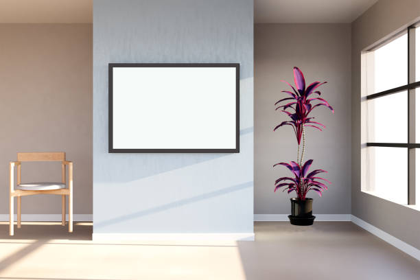 istock Interior design mockup with empty frame, chair, plant, window, wall and beige floor; perfect for showcasing home decor concepts. 3D rendered image. 2175046717