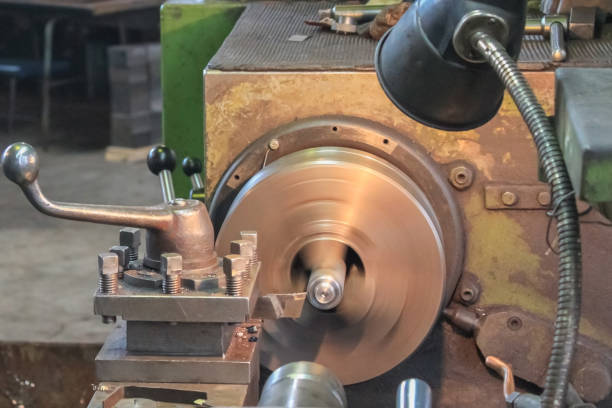istock Metal processing on an old lathe close-up 2175050646