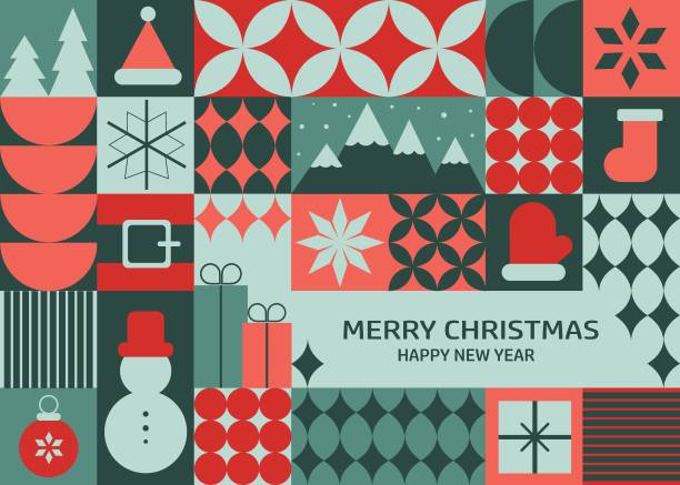 istock Christmas greeting card featuring festive symbols on a geometric background with simple shapes, blending creative and modern art elements. 2175051254