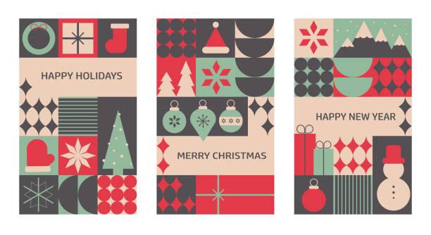 istock Geometric banners with mosaic elements for Christmas and New Year, featuring traditional winter holiday symbols in a trendy design, ideal for cards and social media. 2175051312