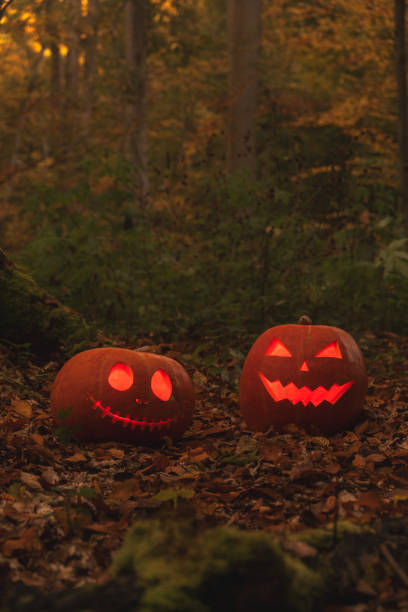 istock Glowing Halloween Pumpkins in Autumn Forest 2175080790