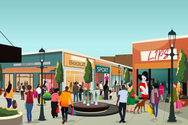 People Shopping at Outdoor Mall Vector Illustration A vector illustration of People Shopping at Outdoor Mall shopping mall outside stock illustrations