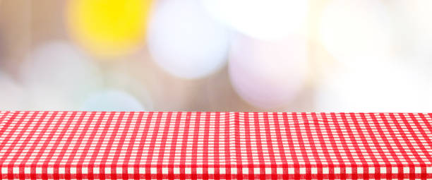istock Food background, Empty table with red check table cloth over blurred cafe background, for product display montage banner, template, wallpaper 2175092287
