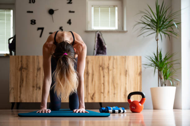 Front view of a slim fit young woman practicing yoga or pilates routine Front view of a slim fit young woman practicing yoga or pilates routine making a cat stretch exercise. On a workout mat in domestic living room. cat pose yoga stock pictures, royalty-free photos & images