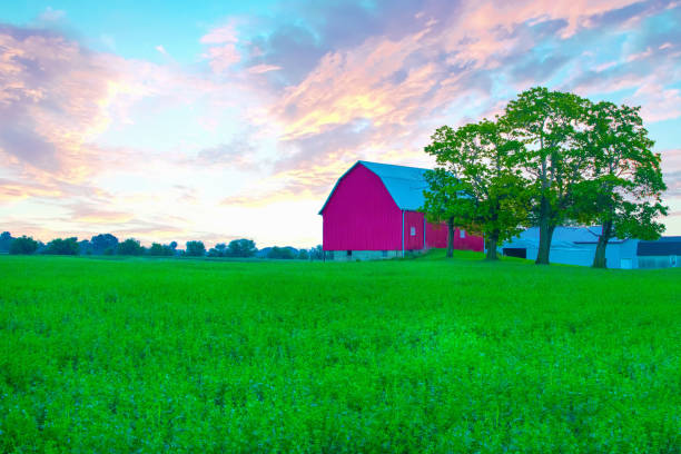 Scenic view of a farm house which is silhouetted against a colorful twilight sky.