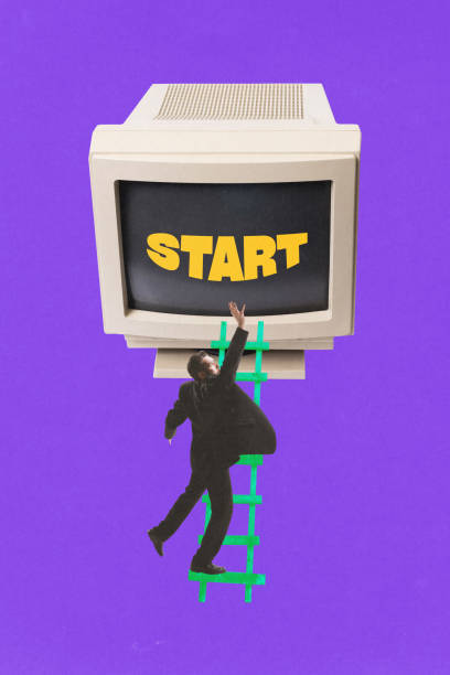 istock Businessman climbing ladder toward vintage computer screen reading Start, symbolizing initial steps of launching. Contemporary art collage. 2175133760