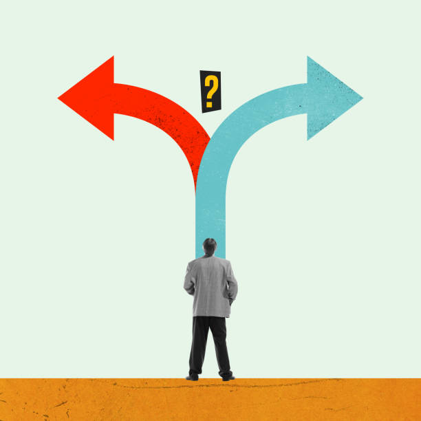 istock Man standing at crossroads, facing two diverging paths with question mark above highlights uncertainty. Business decision. Contemporary art collage. 2175135650