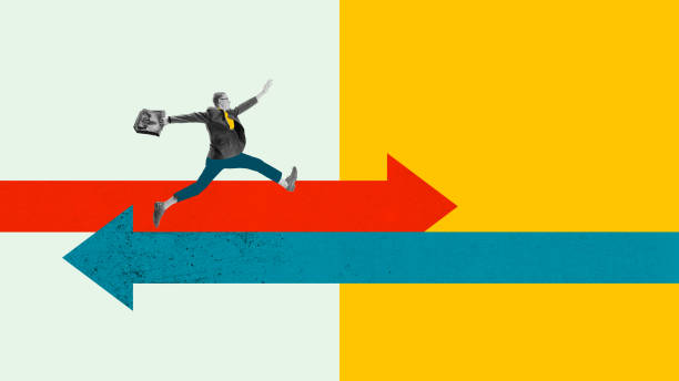 istock Man, employee running forward on multicolored arrows going different directions, symbolizing desire for professional growth and progress. Contemporary art collage. 2175135658