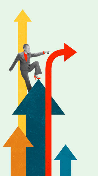 istock Woman standing atop large arrows, pointing forward with determination, symbolizing leadership and strategic thinking. Contemporary art collage. 2175135660