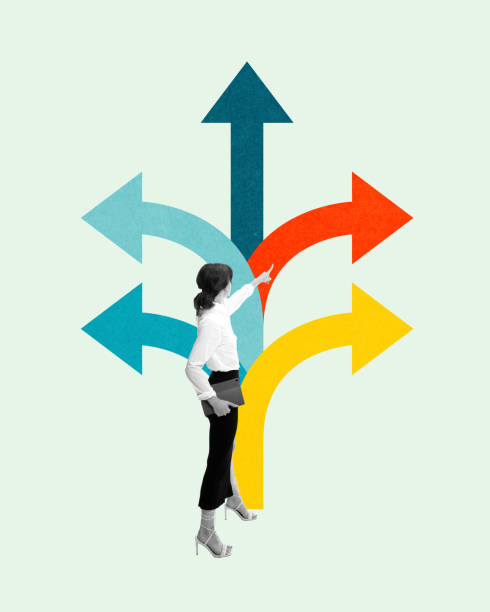 Woman points confidently at one of many diverging arrows, representing strategic decision-making and making right clear choices Contemporary art collage.