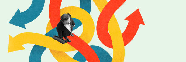 istock Businessman standing on many tangled multicolored arrows, symbolizing complexity to find right direction in business. Contemporary art collage. 2175135674