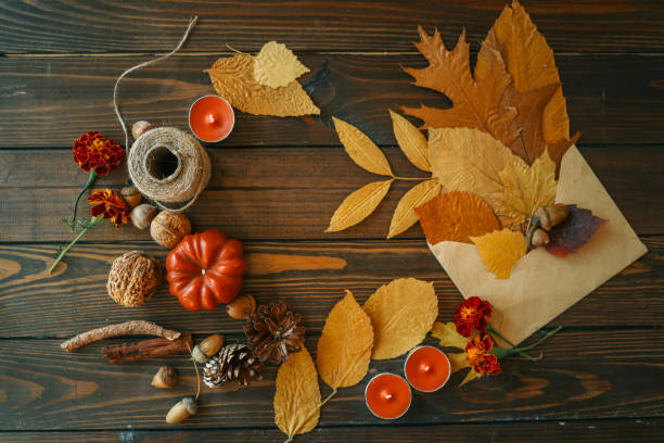 istock Autumn flat lay composition of leaves and decor, copy space 2175138938