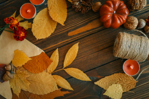 istock Autumn flat lay composition of leaves and decor, copy space 2175138943