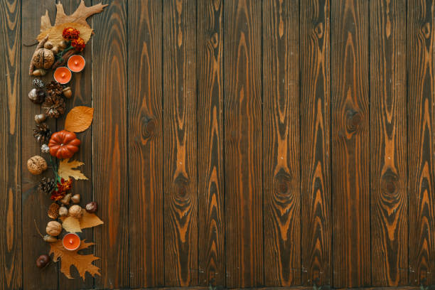 Autumn flat lay composition of leaves and decor, copy space
