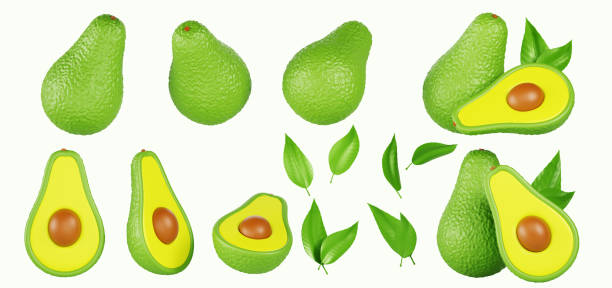 istock Avocado 3d render icon set. Green tropical fruit with leaf, whole and half cut. Vegan healthy nutrition food in different angles view, design element isolated on white background 2175141619