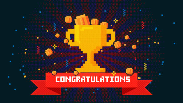 istock Pixel art 8-bit congratulations text with one big winner golden cup and gold coin overwhelming for champion on blue background.for game assets in vector illustrations. 2175150772